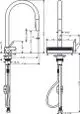 Hansgrohe Spültischmischer mit Ausziehbrause. Technische Zeichnung mit Maßen und Details zu Bauform und Anschluss.